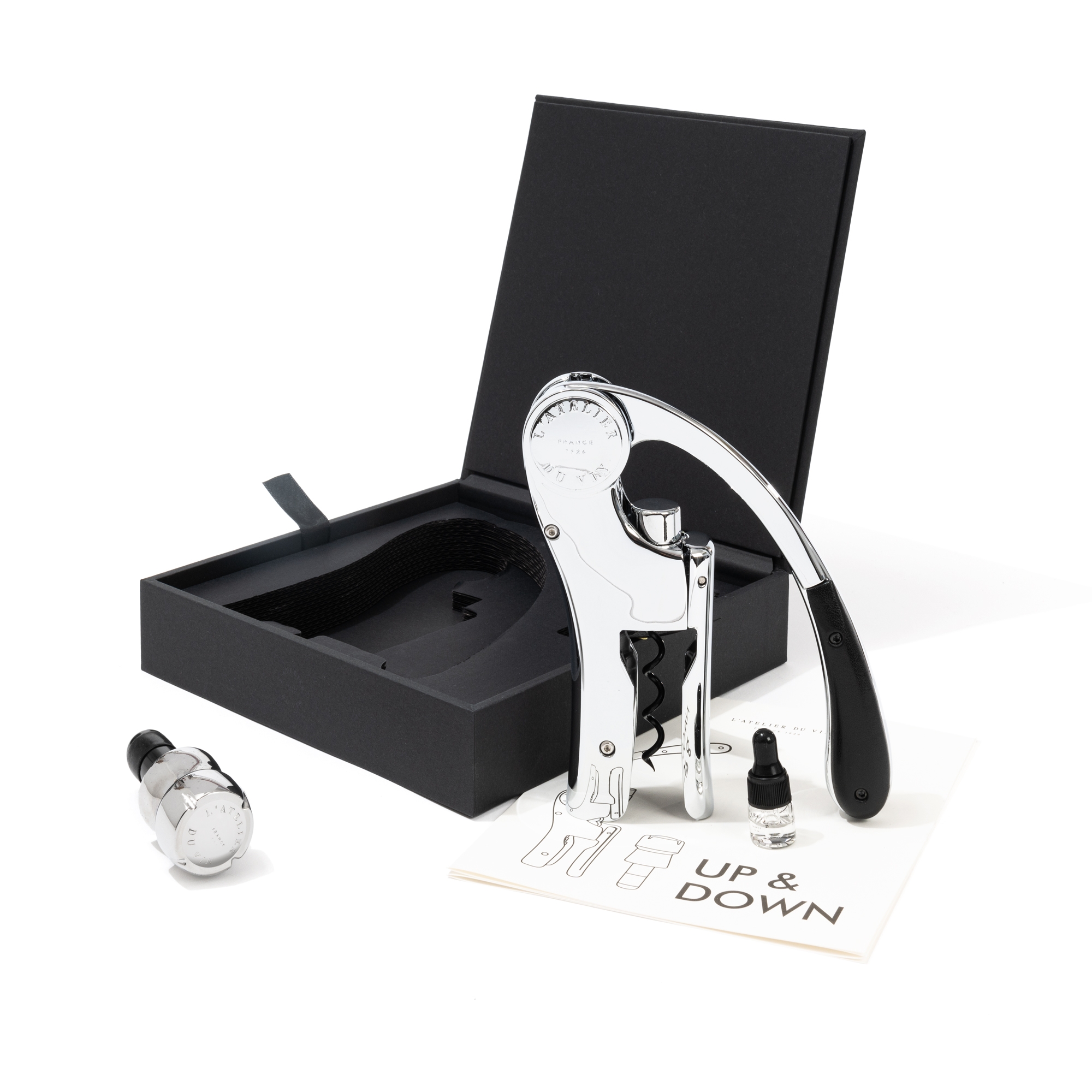 L'Atelier du Vin Up & Down coffret outils cuir argent